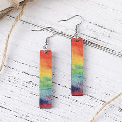 Hand Painted Rainbow Gradient Long Bar Wooden Earrings