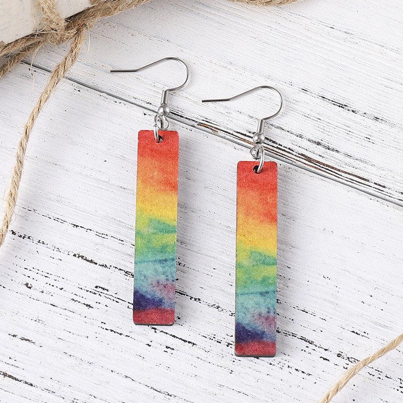 Hand Painted Rainbow Gradient Long Bar Wooden Earrings