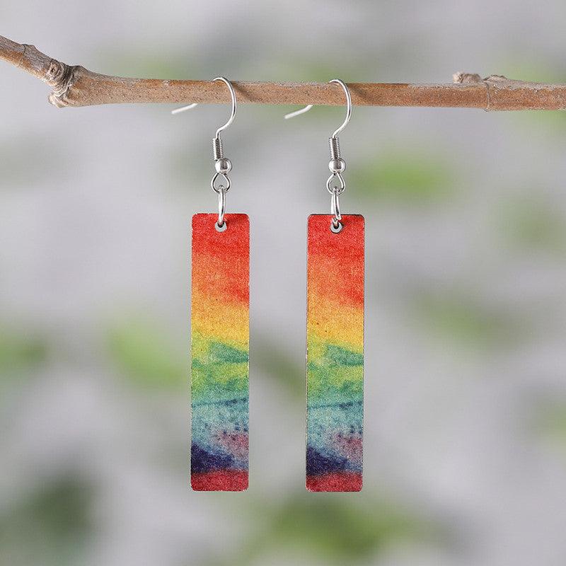 Hand Painted Rainbow Gradient Long Bar Wooden Earrings