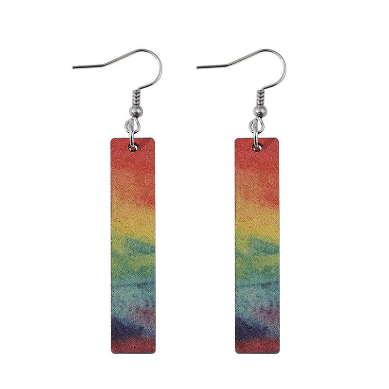Hand Painted Rainbow Gradient Long Bar Wooden Earrings
