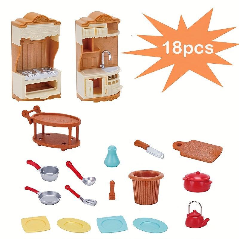 18pcs Kitchen Combo Toys Stove Dishwasher Tableware Dollhouse Play