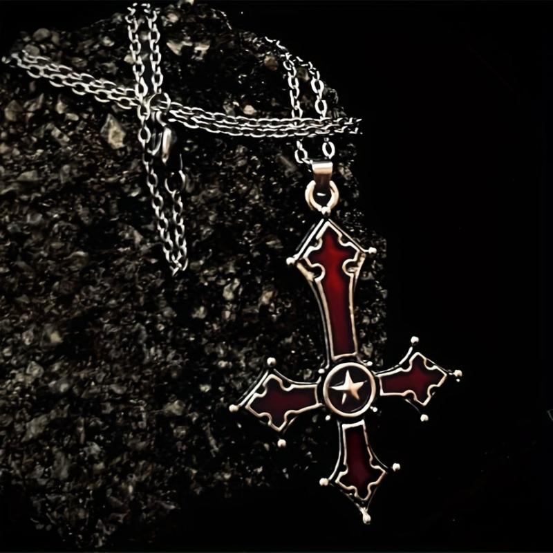 Blood Red Gothic Inverted Cross Pendant Necklace Punk Style Halloween Gift