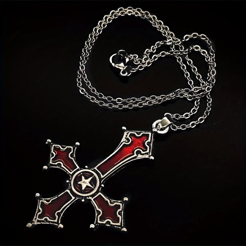 Blood Red Gothic Inverted Cross Pendant Necklace Punk Style Halloween Gift