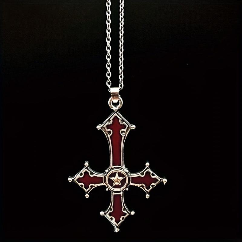 Blood Red Gothic Inverted Cross Pendant Necklace Punk Style Halloween Gift