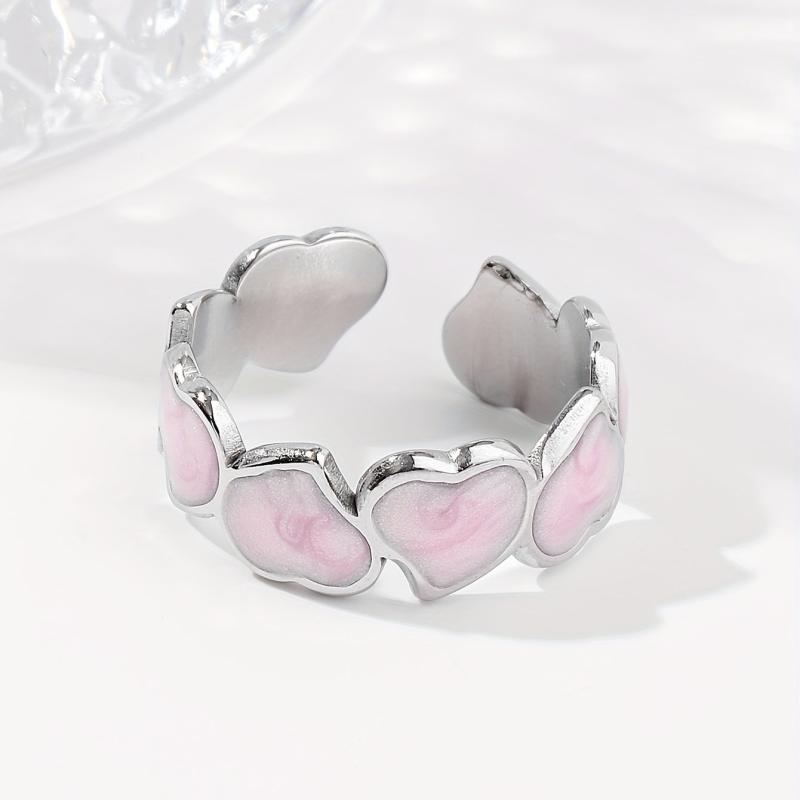 Pink Chain Peach Heart Women's Stainless Steel Open Ring
