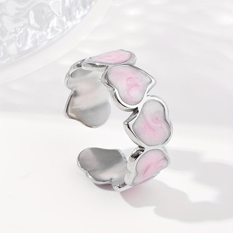 Pink Chain Peach Heart Women's Stainless Steel Open Ring