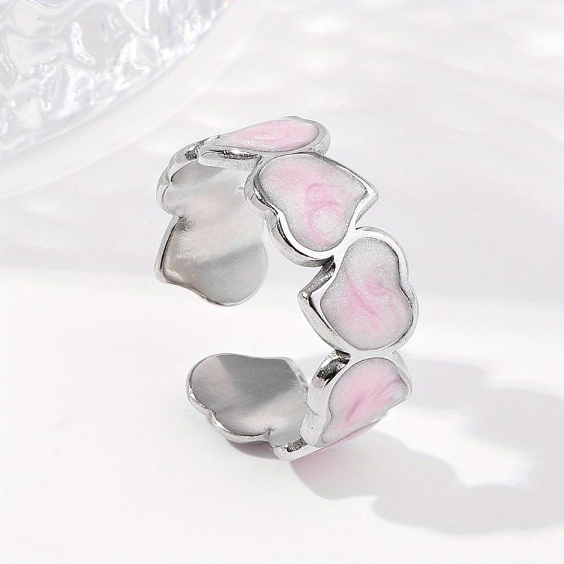 Pink Chain Peach Heart Women's Stainless Steel Open Ring