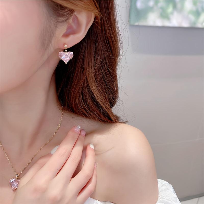 Love Heart Pendant Necklace & Earrings Set Wedding Bridal Jewelry Gift
