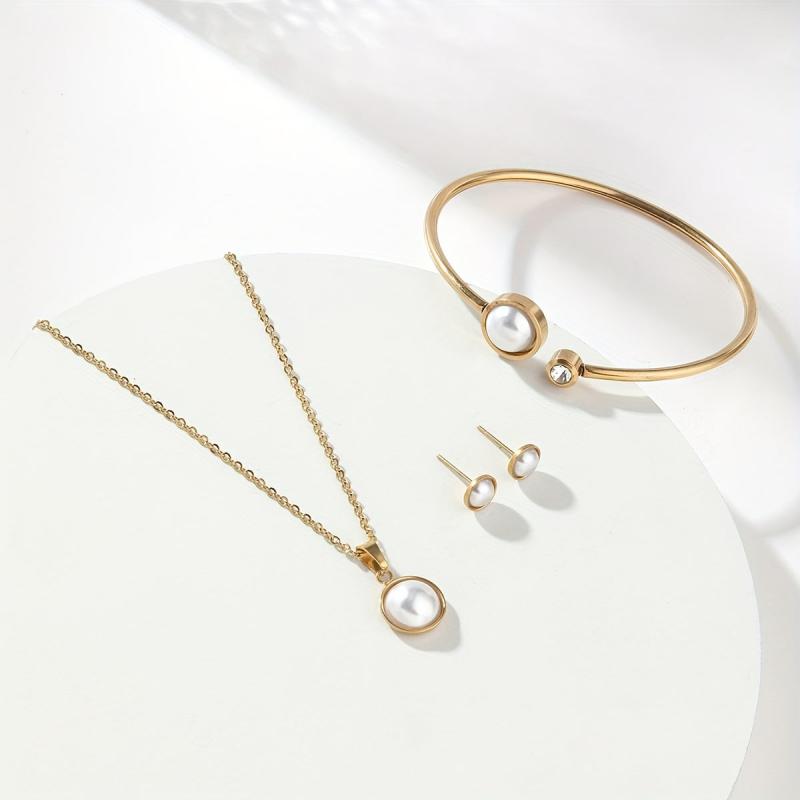 Stainless Steel Jewelry Set Pendant Necklace Stud Earrings Bracelet Women Girls