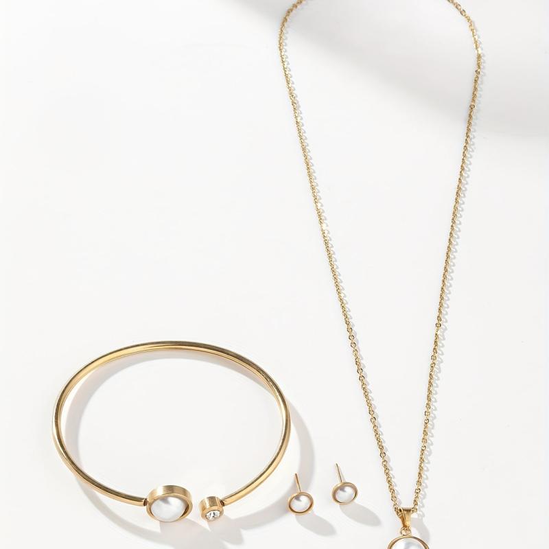 Stainless Steel Jewelry Set Pendant Necklace Stud Earrings Bracelet Women Girls