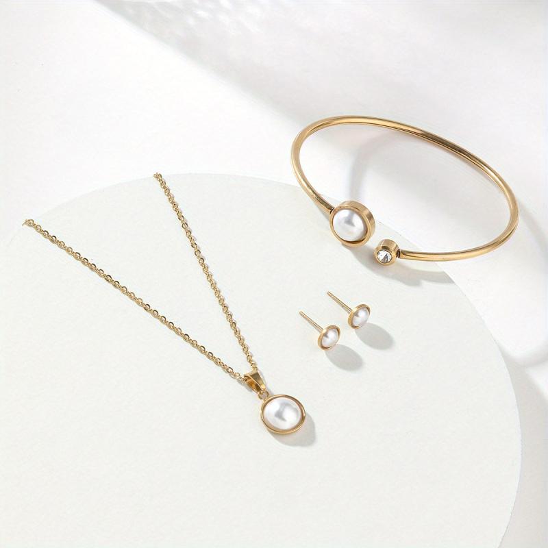 Stainless Steel Jewelry Set Pendant Necklace Stud Earrings Bracelet Women Girls