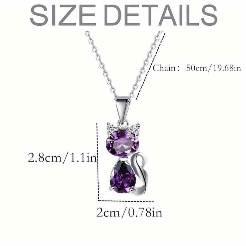 Artificial Amethyst Cat Pendant Necklace Women Animal Sweater Chain Jewelry