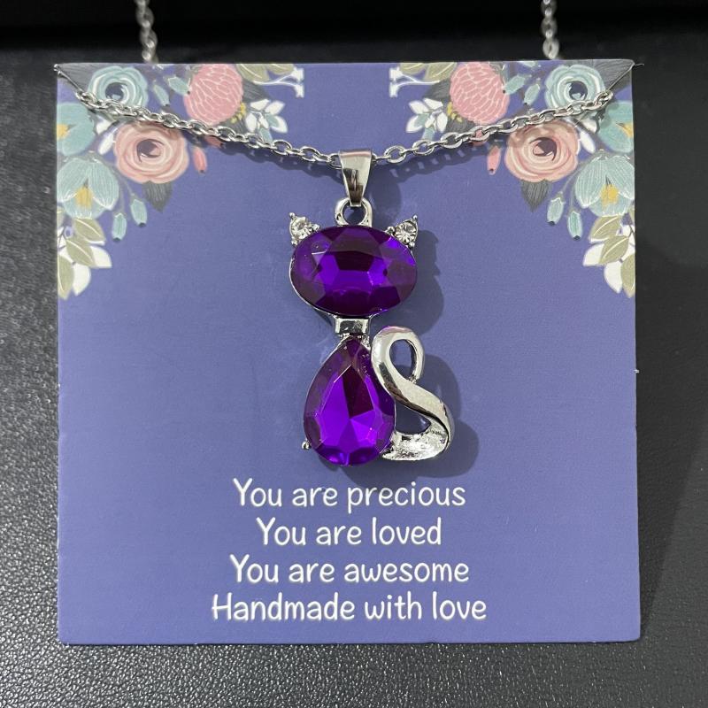 Artificial Amethyst Cat Pendant Necklace Women Animal Sweater Chain Jewelry