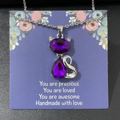 Artificial Amethyst Cat Pendant Necklace Women Animal Sweater Chain Jewelry