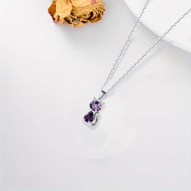Artificial Amethyst Cat Pendant Necklace Women Animal Sweater Chain Jewelry