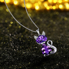 Artificial Amethyst Cat Pendant Necklace Women Animal Sweater Chain Jewelry