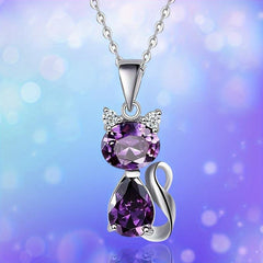 Artificial Amethyst Cat Pendant Necklace Women Animal Sweater Chain Jewelry