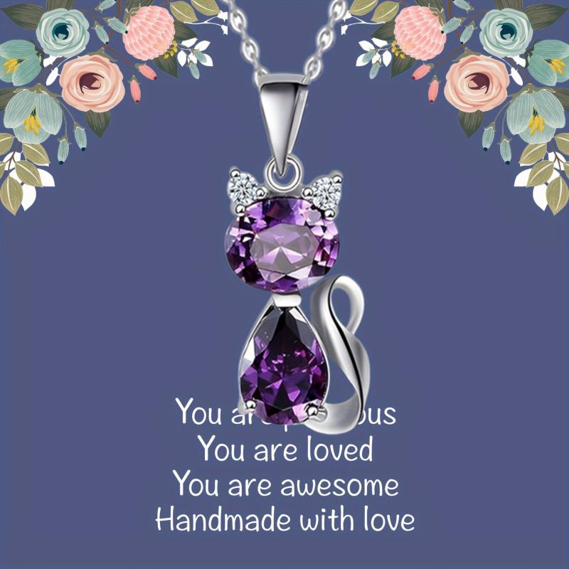 Artificial Amethyst Cat Pendant Necklace Women Animal Sweater Chain Jewelry