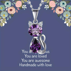Artificial Amethyst Cat Pendant Necklace Women Animal Sweater Chain Jewelry