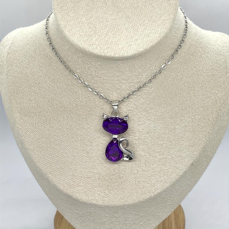 Artificial Amethyst Cat Pendant Necklace Women Animal Sweater Chain Jewelry
