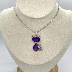 Artificial Amethyst Cat Pendant Necklace Women Animal Sweater Chain Jewelry