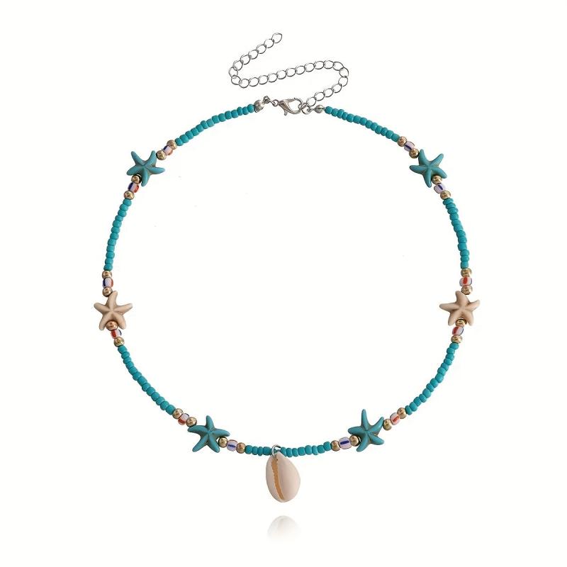 Bohemian Rice Beads Starfish Shell Pendant Necklace Female Ocean Style