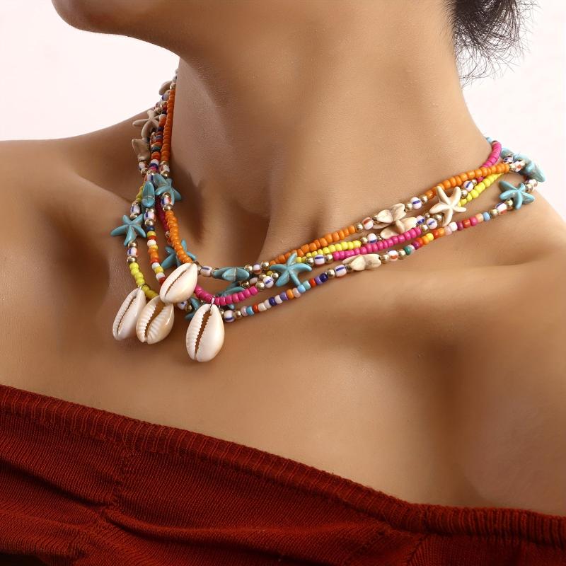 Bohemian Rice Beads Starfish Shell Pendant Necklace Female Ocean Style
