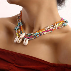 Bohemian Rice Beads Starfish Shell Pendant Necklace Female Ocean Style