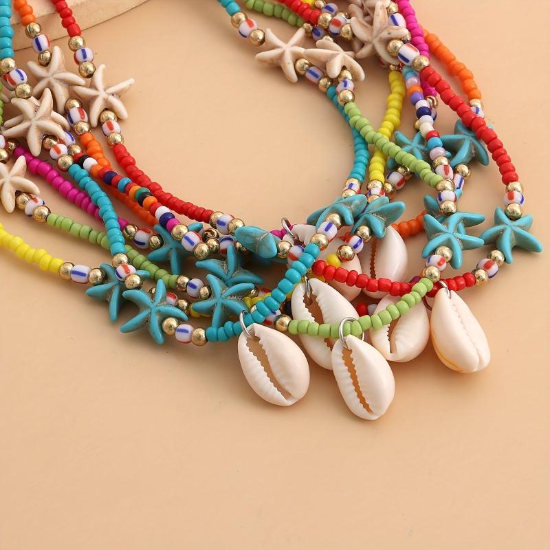 Bohemian Rice Beads Starfish Shell Pendant Necklace Female Ocean Style