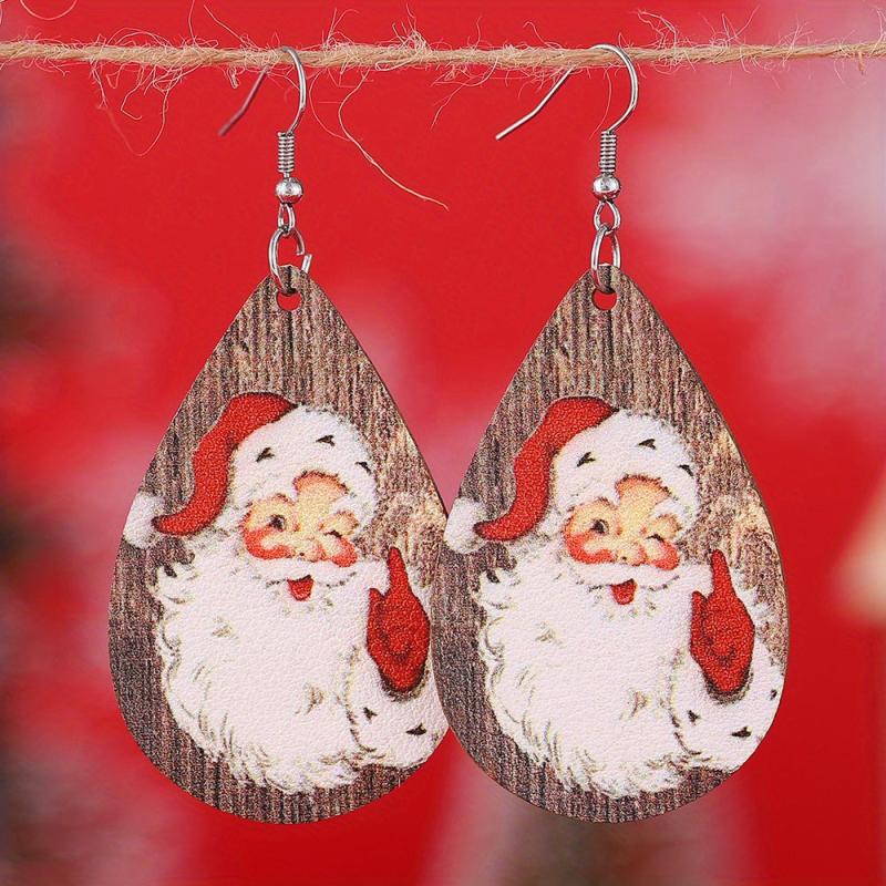 Santa Claus Head Print Teardrop Earrings Christmas Gift