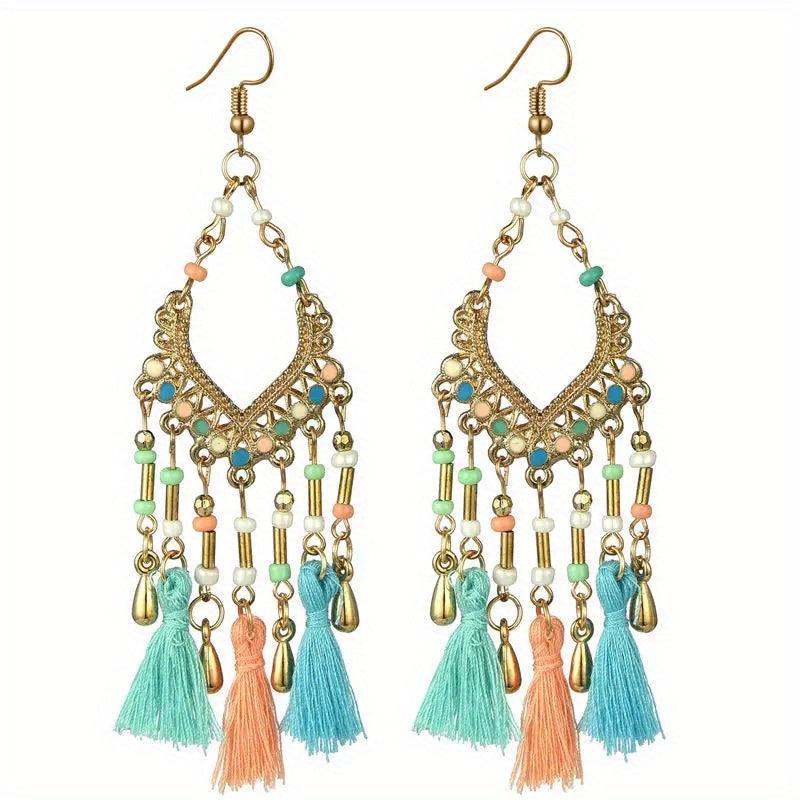 Bohemian Fan-shaped Ethnic Style Hollow Long Earrings for Party Wedding Banquet