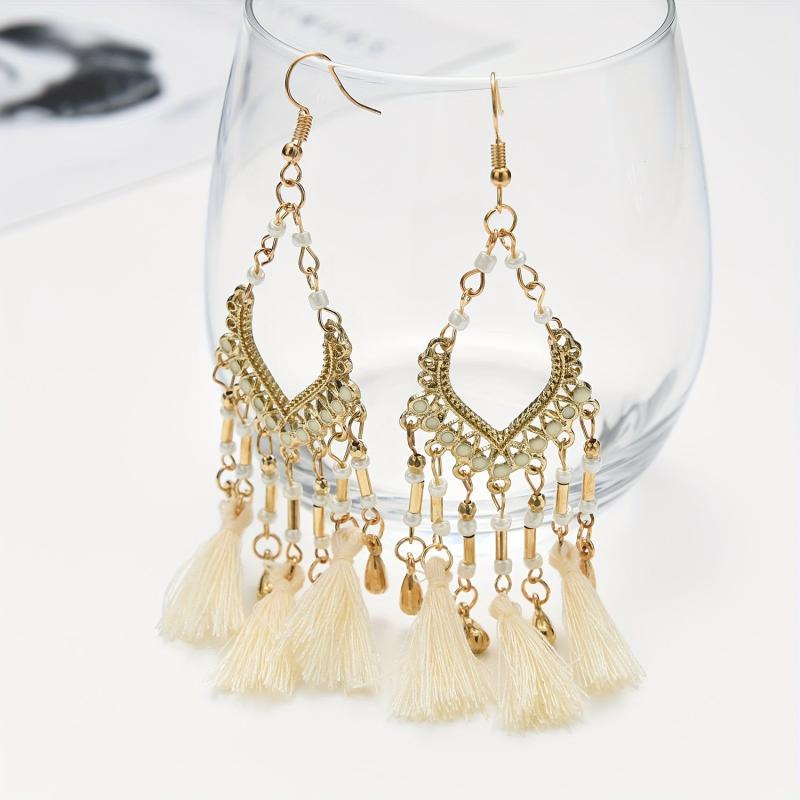 Bohemian Fan-shaped Ethnic Style Hollow Long Earrings for Party Wedding Banquet