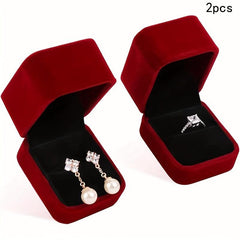 Wine Red Velvet Couple Ring Box Earring Jewelry Case Gift Boxes