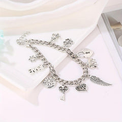 Vintage Silver Elephant Heart Lock Key Bangle Bracelet