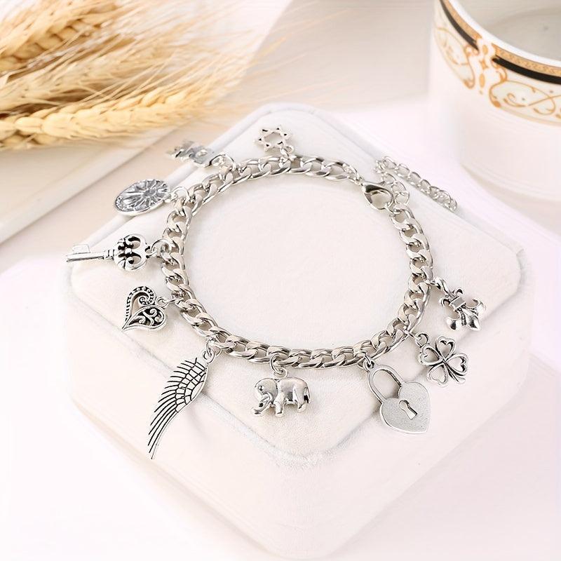 Vintage Silver Elephant Heart Lock Key Bangle Bracelet