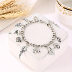 Vintage Silver Elephant Heart Lock Key Bangle Bracelet