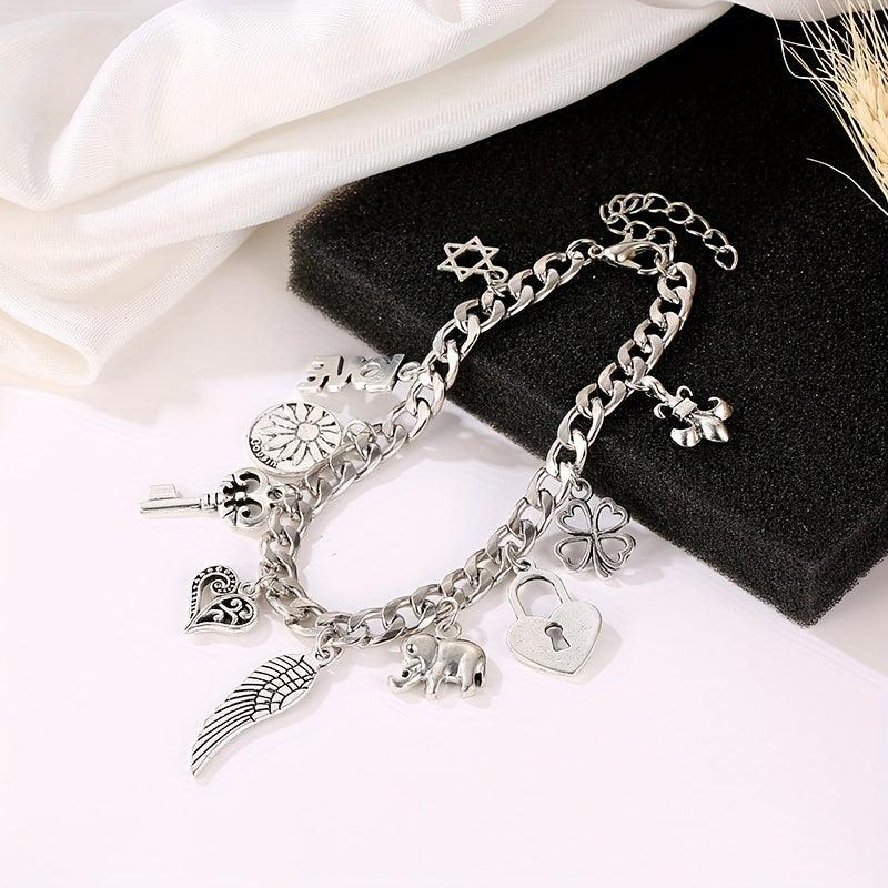 Vintage Silver Elephant Heart Lock Key Bangle Bracelet