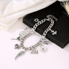Vintage Silver Elephant Heart Lock Key Bangle Bracelet
