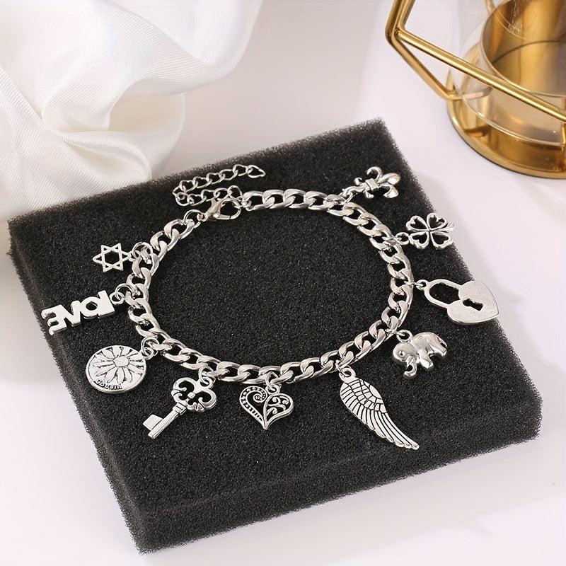 Vintage Silver Elephant Heart Lock Key Bangle Bracelet