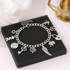 Vintage Silver Elephant Heart Lock Key Bangle Bracelet