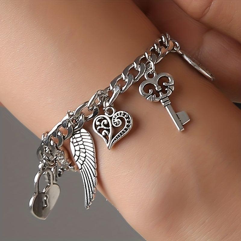 Vintage Silver Elephant Heart Lock Key Bangle Bracelet
