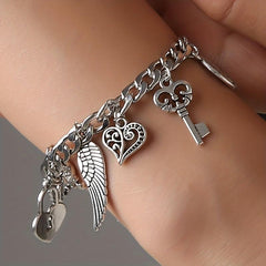 Vintage Silver Elephant Heart Lock Key Bangle Bracelet