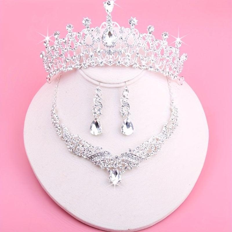 Wedding Crown Necklace Earrings 3pc Set Girls Dress Accessories Chain Tiara