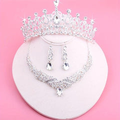 Wedding Crown Necklace Earrings 3pc Set Girls Dress Accessories Chain Tiara