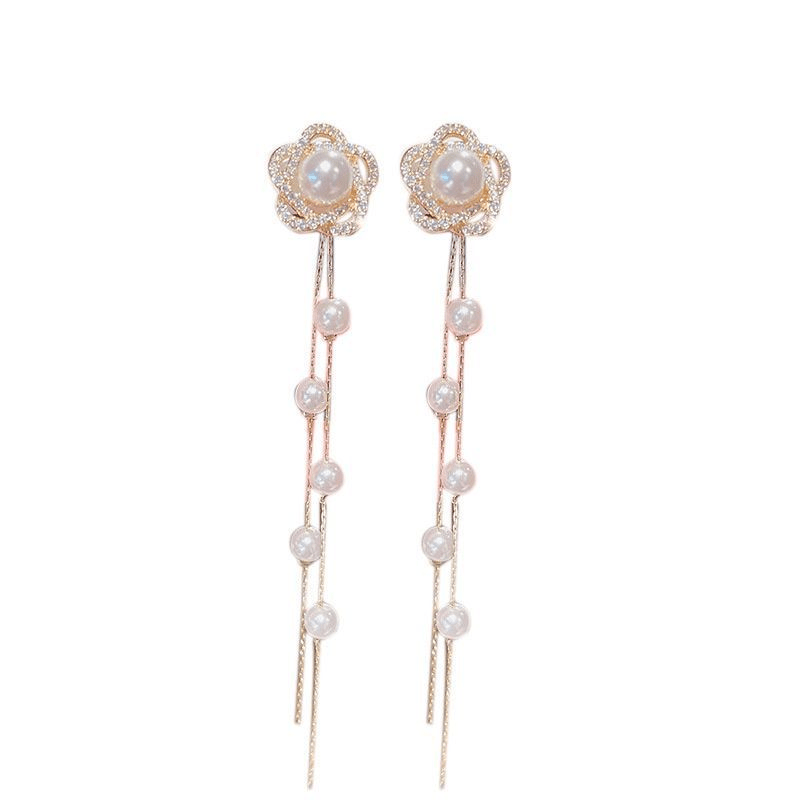 Hollow Flower Pearl & Diamond Earrings - Timeless Tassel Ear Jewelry