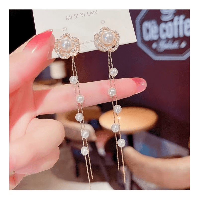 Hollow Flower Pearl & Diamond Earrings - Timeless Tassel Ear Jewelry