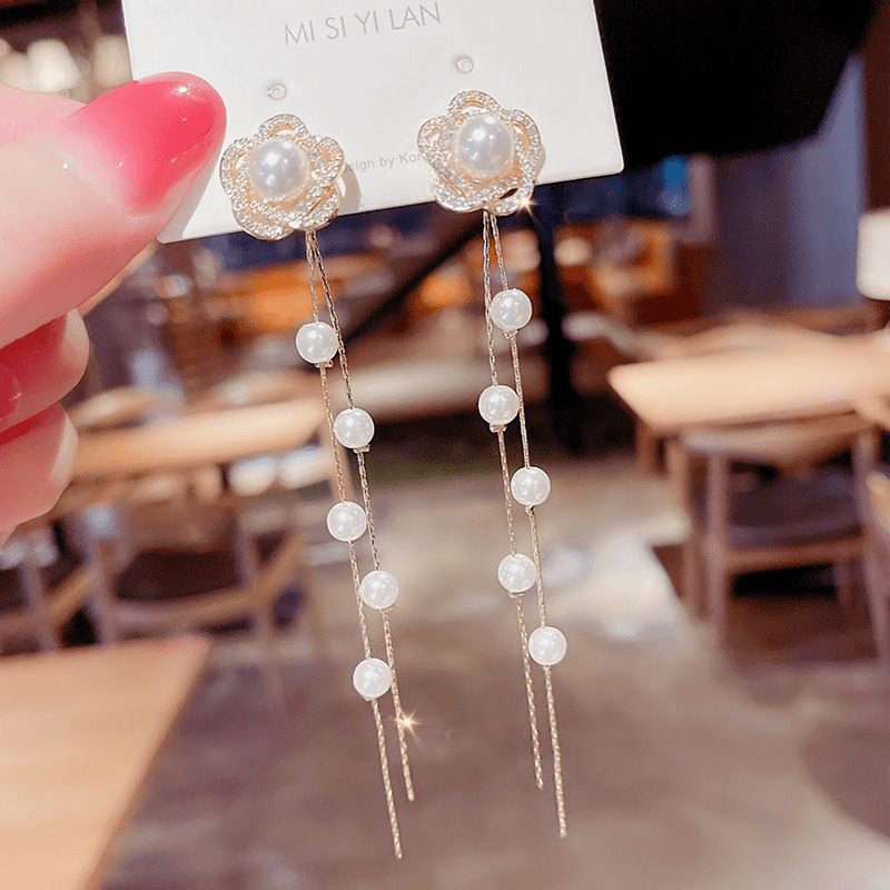 Hollow Flower Pearl & Diamond Earrings - Timeless Tassel Ear Jewelry