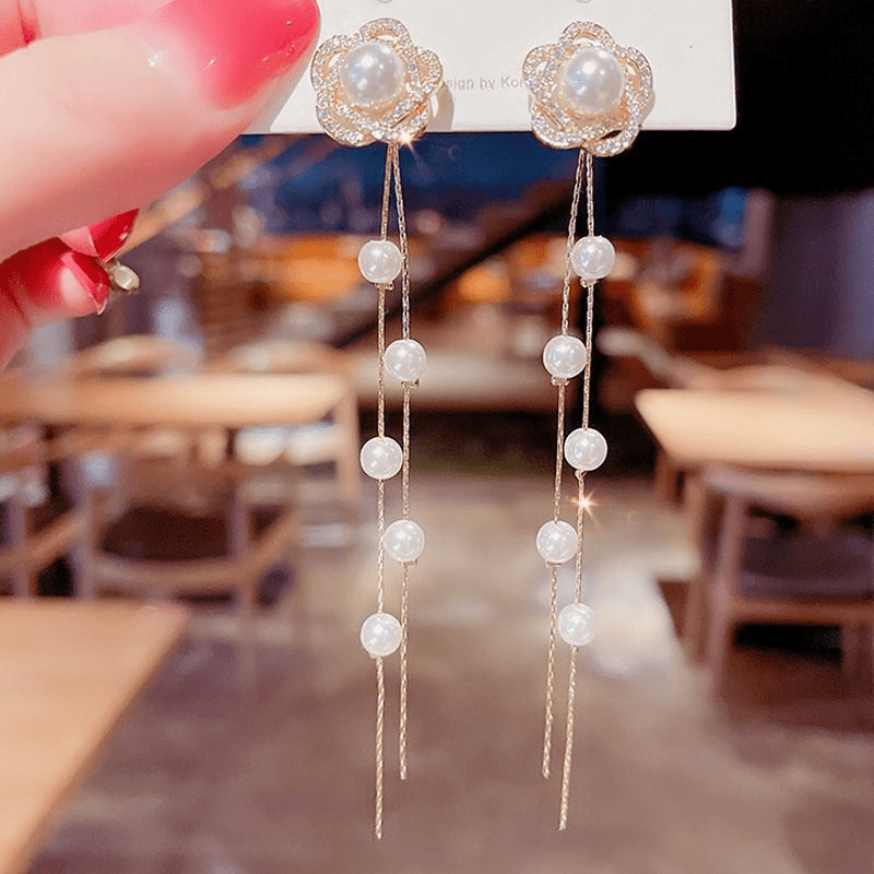 Hollow Flower Pearl & Diamond Earrings - Timeless Tassel Ear Jewelry