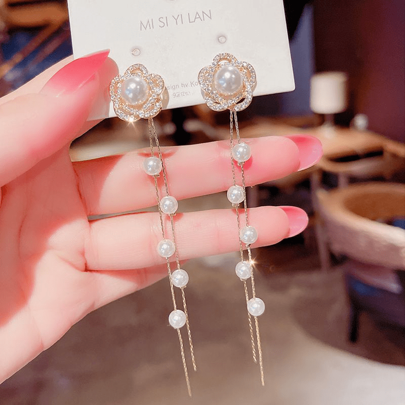 Hollow Flower Pearl & Diamond Earrings - Timeless Tassel Ear Jewelry
