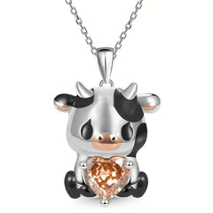 Orange Heart Cow Pendant Necklace Animal Pattern Jewelry Women Girls Gift